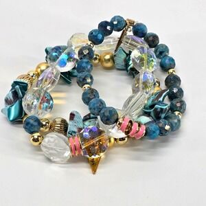 Ermish Bracelet Stack Teal Turquoise Blue Gold Pink Clear Beaded Stretch 3 Pcs